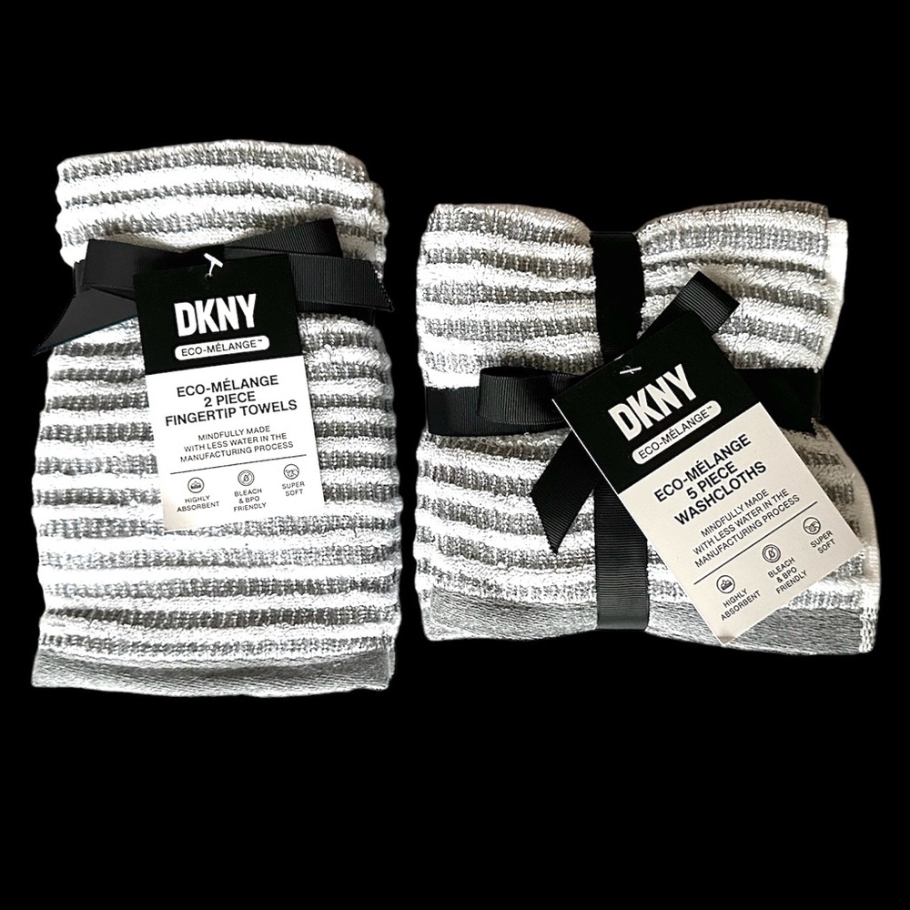 DKNY Eco-Melange 7 pc Towels Set Gray & White Stripes SUSTAINABLY MADE